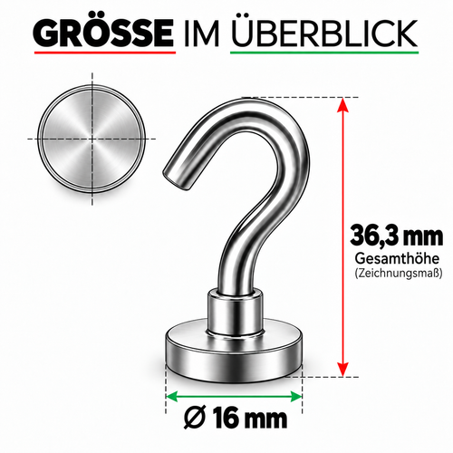 Hakenmagnet Ø 16mm, Neodym N35, verzinkt - 10 Stück