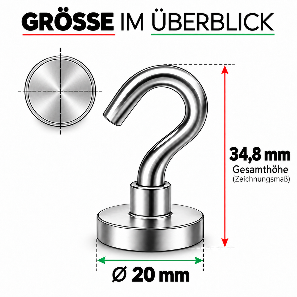 Hakenmagnet Ø 20mm, Neodym N35, verzinkt - 16 Stück