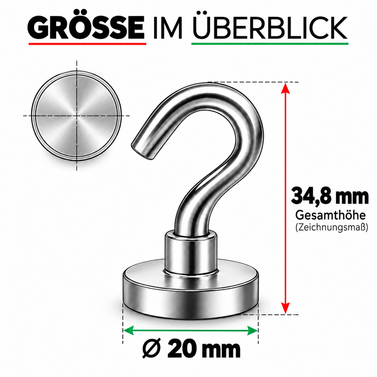 Hakenmagnet Ø 20mm, Neodym N35, verzinkt - 16 Stück